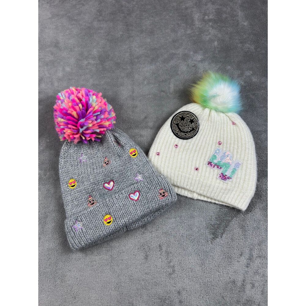 The Children’s Place Girls L/XL 8+ Pom Pom Beanie Hats Fleece Lined Lot of 2
